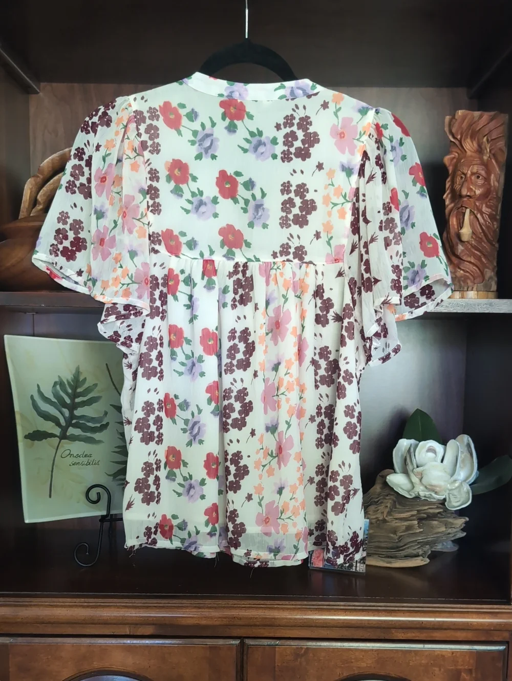 Lucky Brand Cream Floral Tie-Front Ruffle Sleeve Blouse